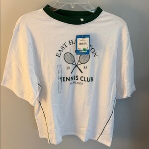 DSG White Tee with Dark Green Trim and Tennis Graphic